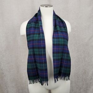 Vintage Wool Tartan Plaid Navy Blue and Green Scarf with Short Fringe